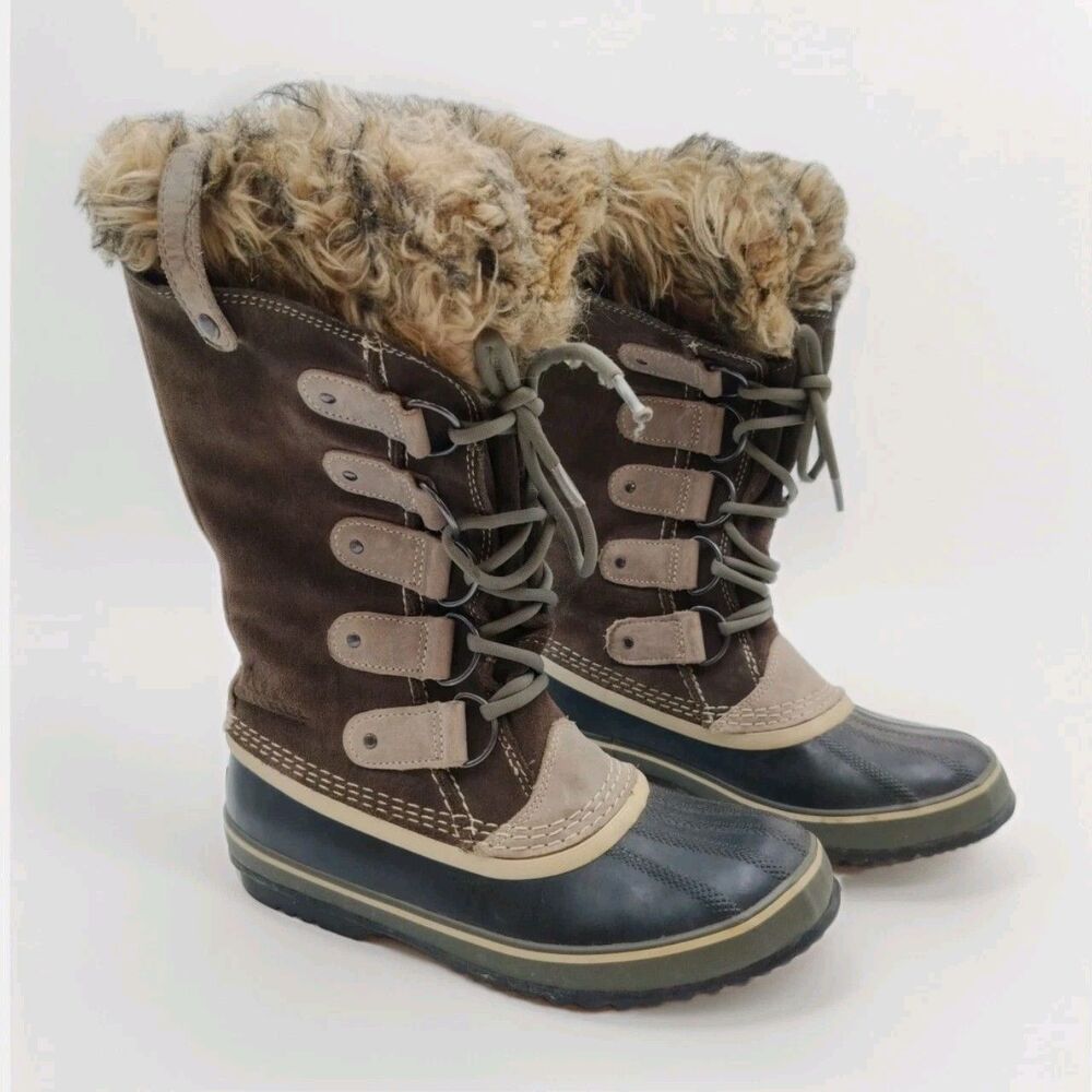 Sorel Joan Of Arctic Snow Boots Waterproof Suede Gray Brown Womens Size 9 (Read)